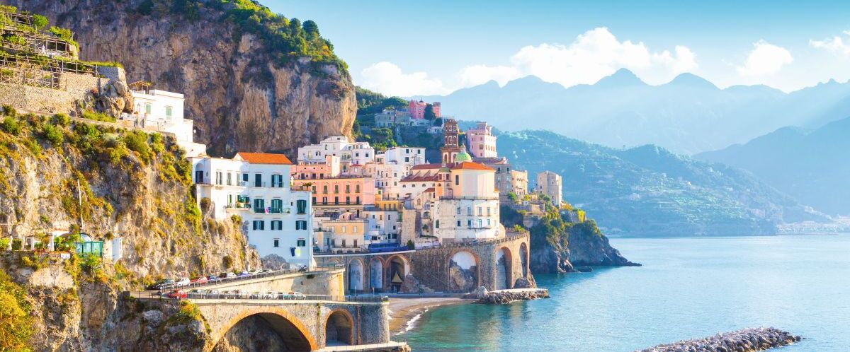 Morning,View,Of,Amalfi,Cityscape,On,Coast,Line,Of,Mediterranean