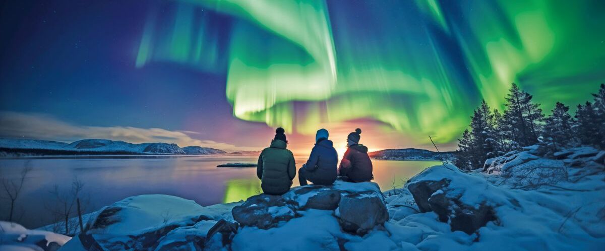 A group of tourist are watching the northern light aurora boreal