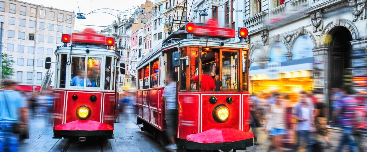 Old red trams on stiklal Avenue, Istanbul, Turkey