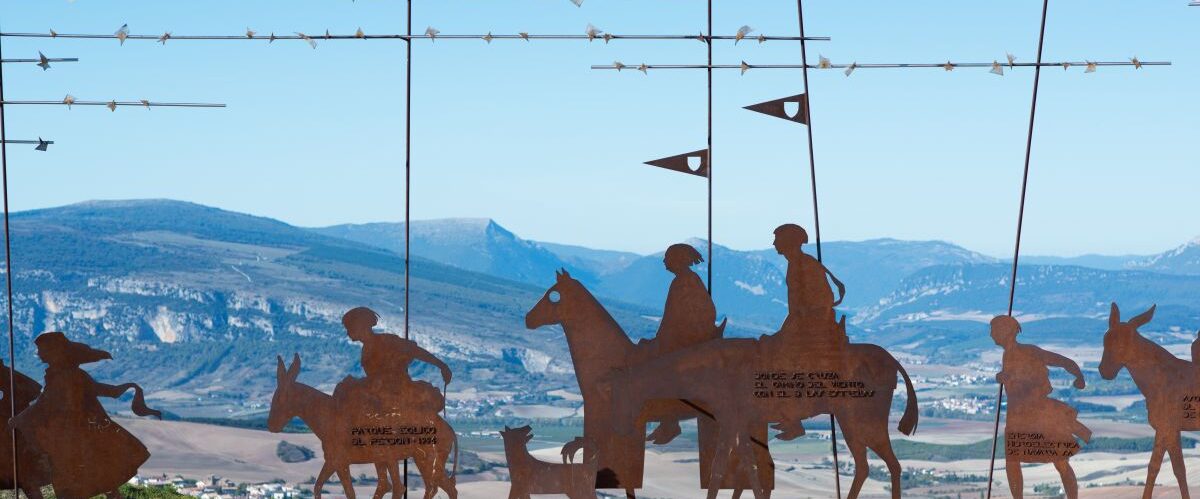 Way of Santiago. Camino de Santiago. Monument of pilgrims on mountain Perdon, near Pamplona, Navarra, Spain.