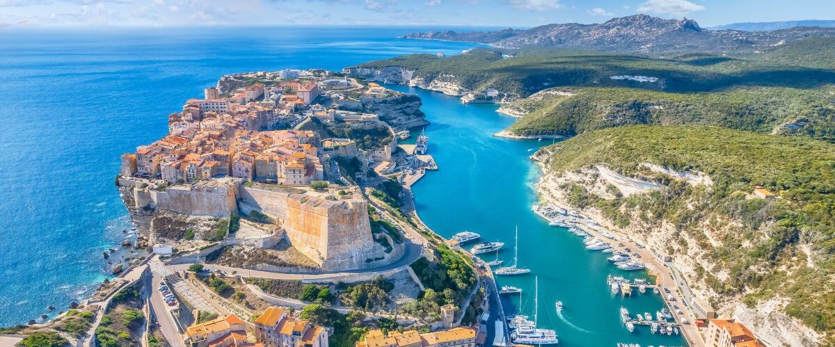 Aerial view of Bonifacio town in Corsica island, France
