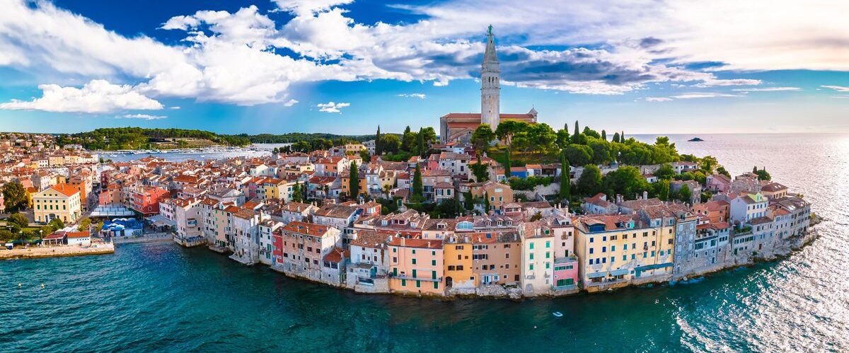 Rovinj old town aerial panoramic view