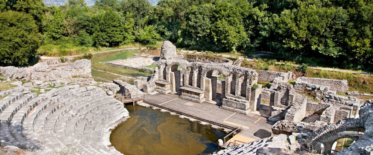 Amphitheater- Remains of the ancient Baptistery from the 6th century at Butrint, Albania. This Archeological site is World Heritage Site by UNESCO.