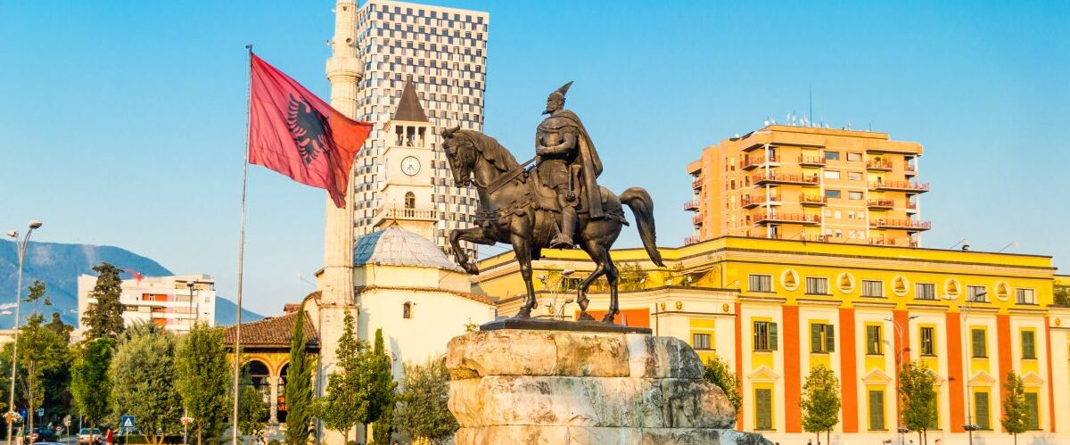 Skanderbeg square with flag, Skanderbeg monument and The Et'hem