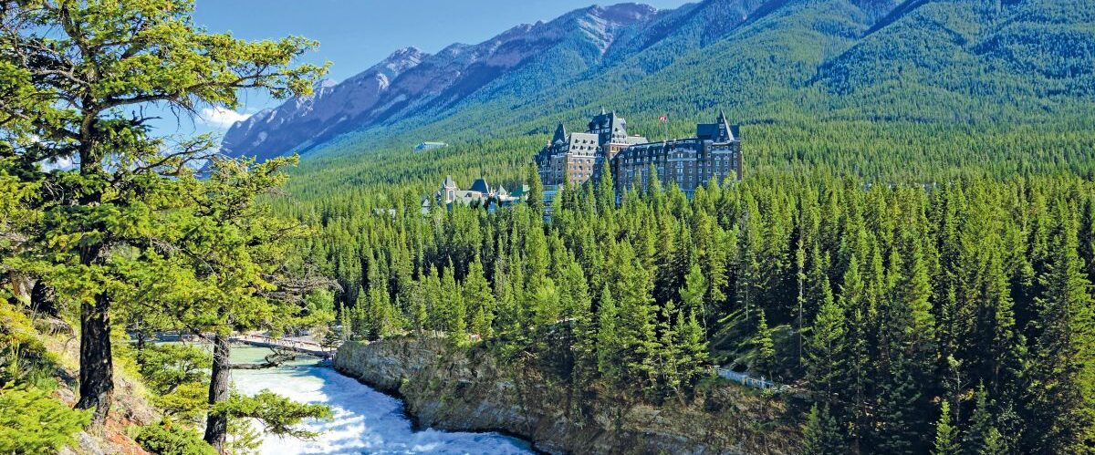 BANFF, CANADA - JUNE 27, 2017: View over Bow Falls to the Banff