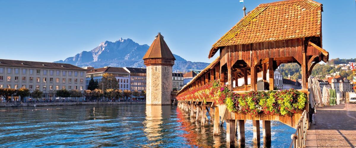 Kapellbrucke historic wooden bridge in Luzern and waterfront lan