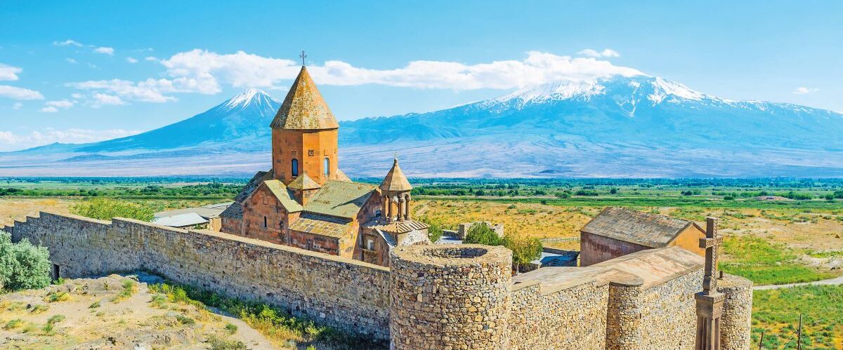 The fortified Khor Virap Monastery located on Ararat Plain, not far from Greater Ararat Mount, Pokr Vedi, Armenia.