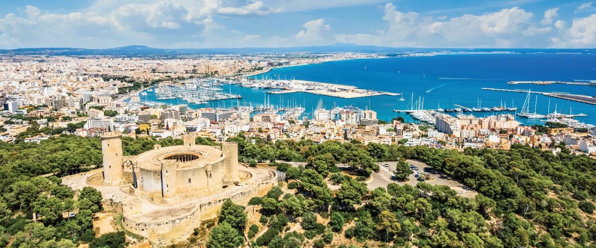 Aerial view of Castell de Bellver, medieval fortress in Palma de Mallorca, Spain